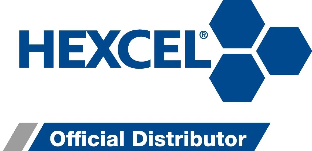 Hexcel logo with three blue hexagons and text indicating it is an official distributor.