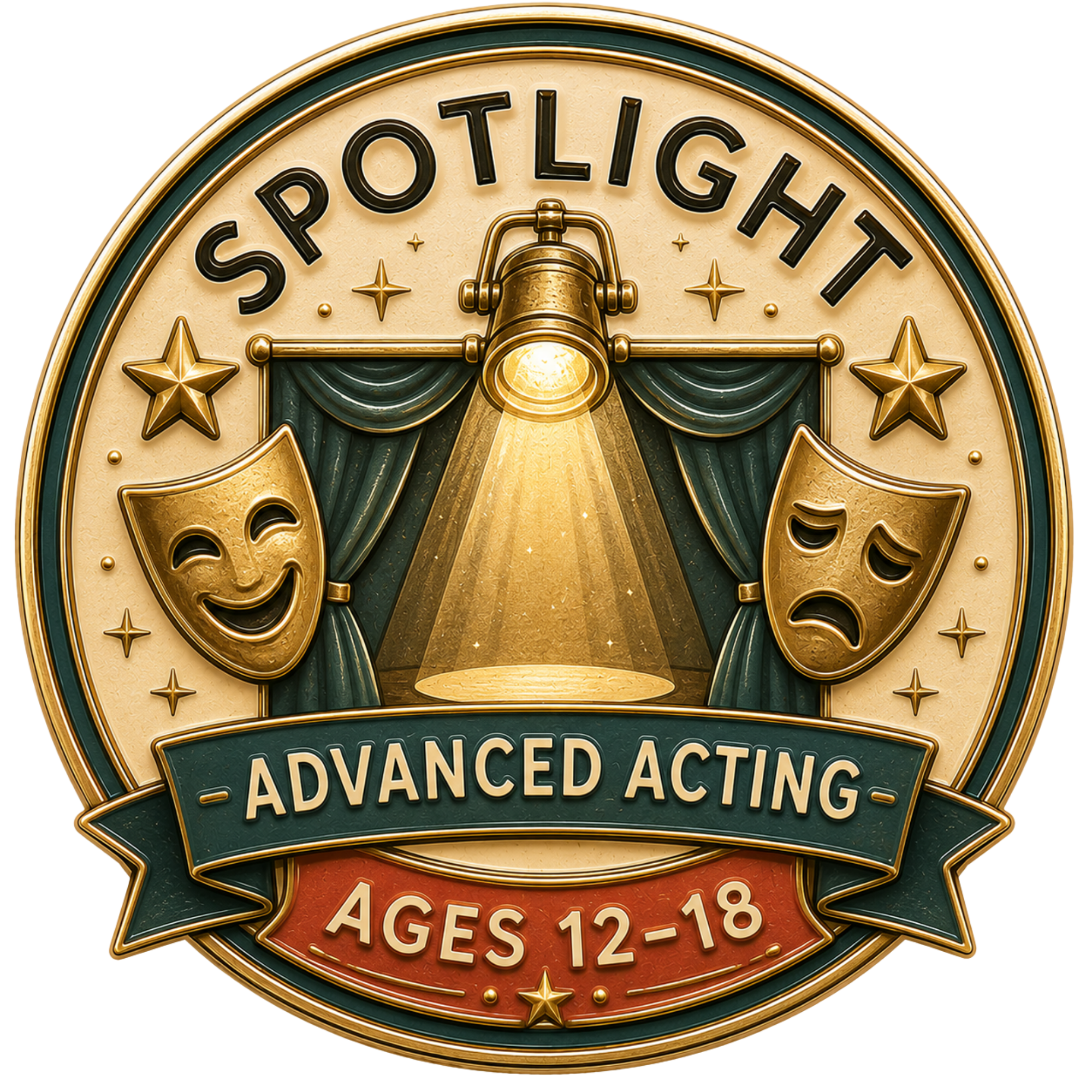 Close-up of a sign for an advanced acting class, including age range 12-18, with gold, green, and red design elements.