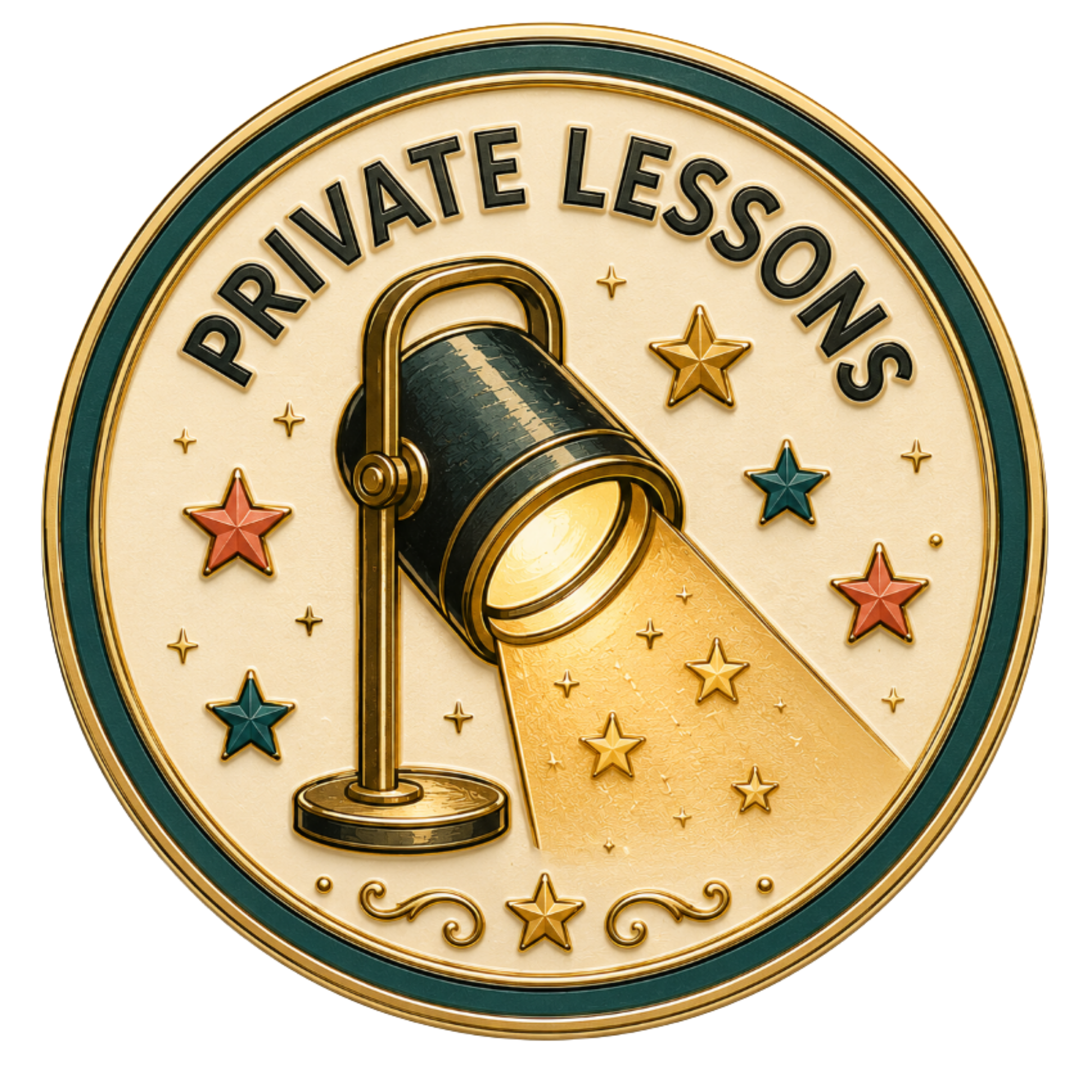 Close-up of a gold and green circular badge with a telescope and stars, with the text 'PRIVATELLESS' on top.