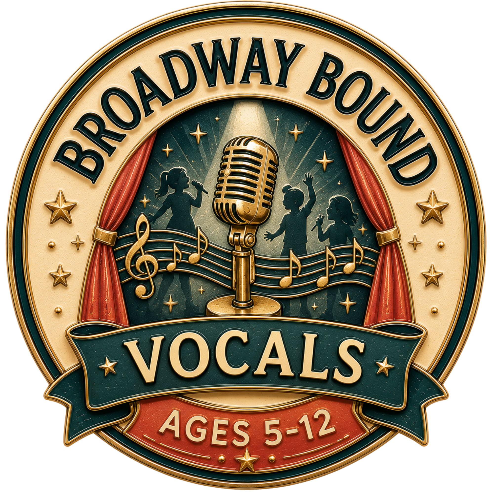 A circular sign featuring the words 'Broadway Bound Vocal' at the top, with a depiction of children singing into a vintage microphone in the center. The sign indicates it is for ages 5-12.