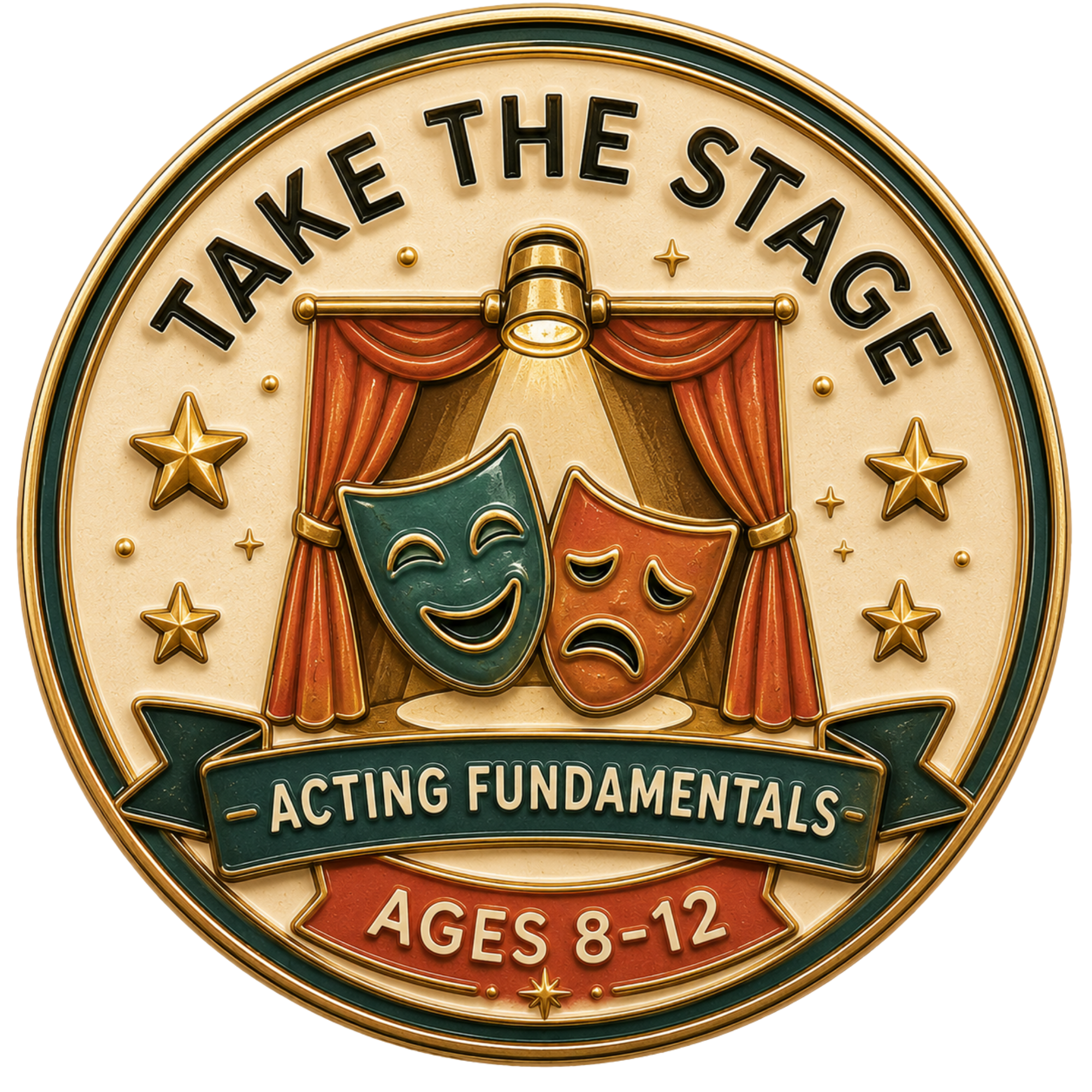 A vintage-style sign for a acting fundamentals class, designed with gold, red, green, and black colors, featuring theatrical curtains and stars.
