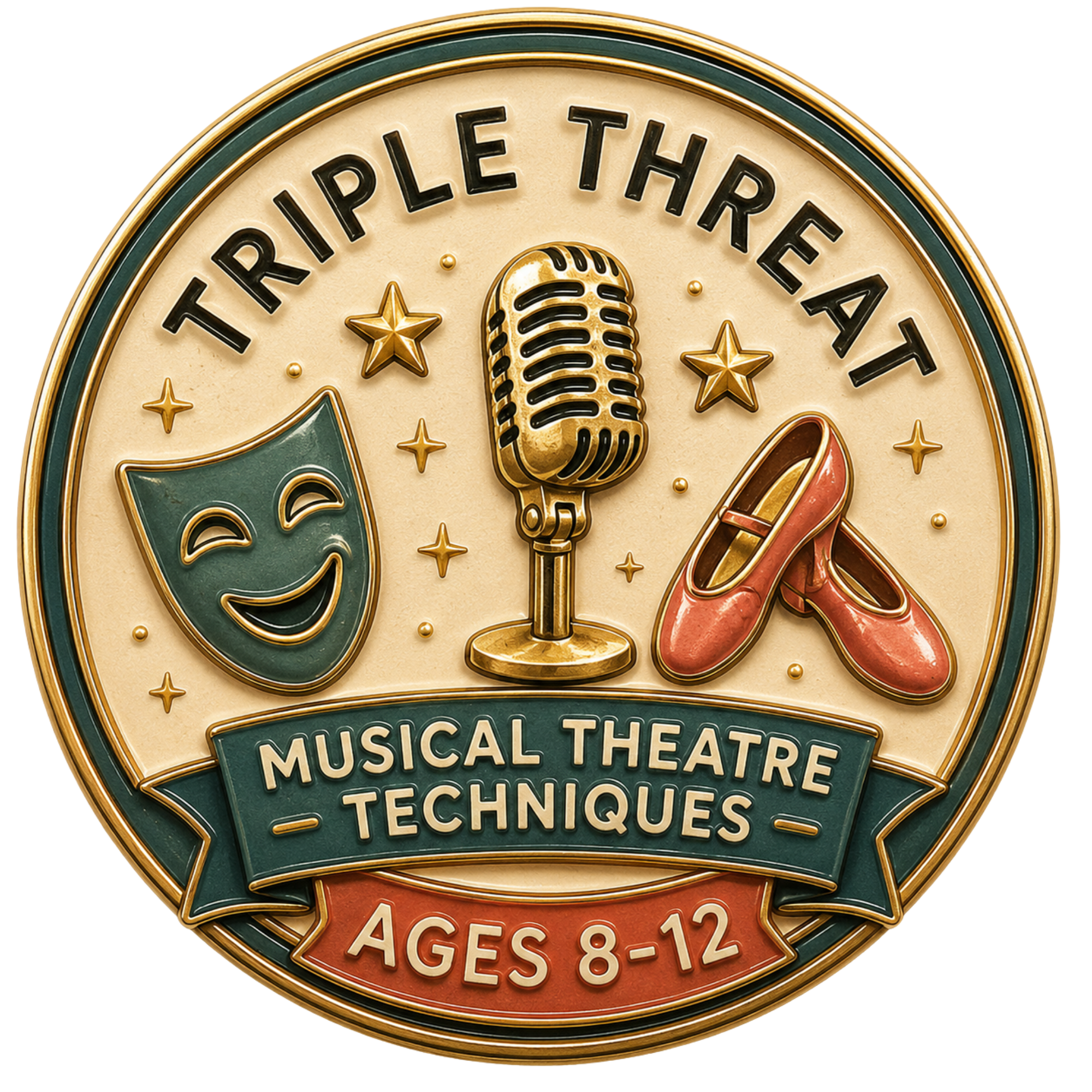 Decorative sign for a musical theatre technical classes for children aged 8-12, featuring a vintage microphone, stars, a comedy and tragedy mask, and a lipstick.