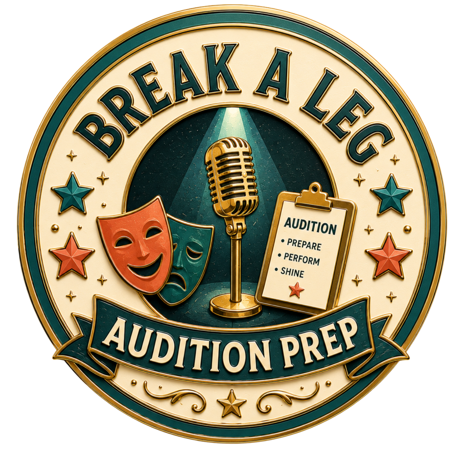 A colorful badge for audition prep featuring comedy and tragedy masks, a microphone, and a rehearsals checklist.
