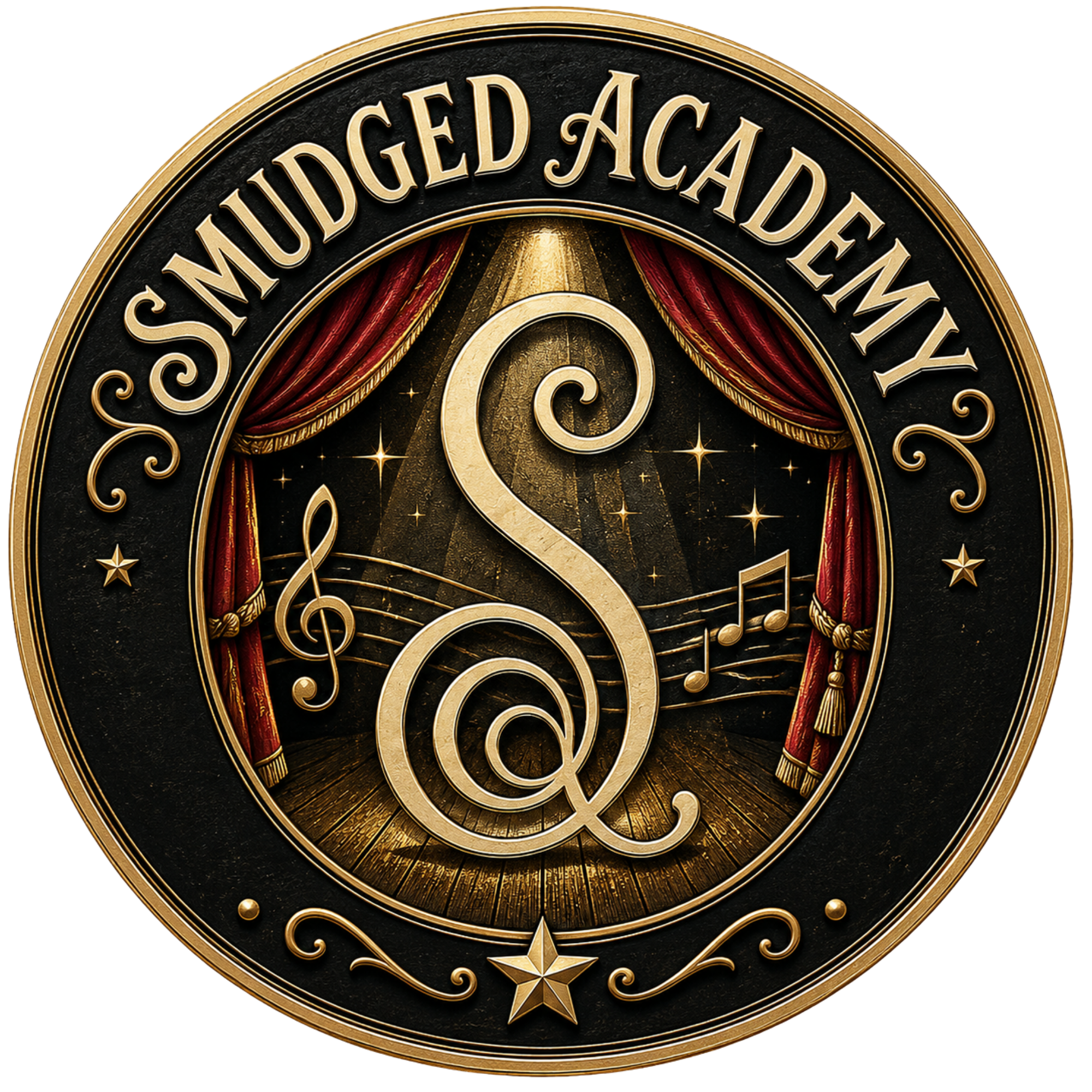 Close-up of a badge or medal with the words "Soundtracked Academy" on a black background, gold decorative elements, red curtains, and a star at the bottom.