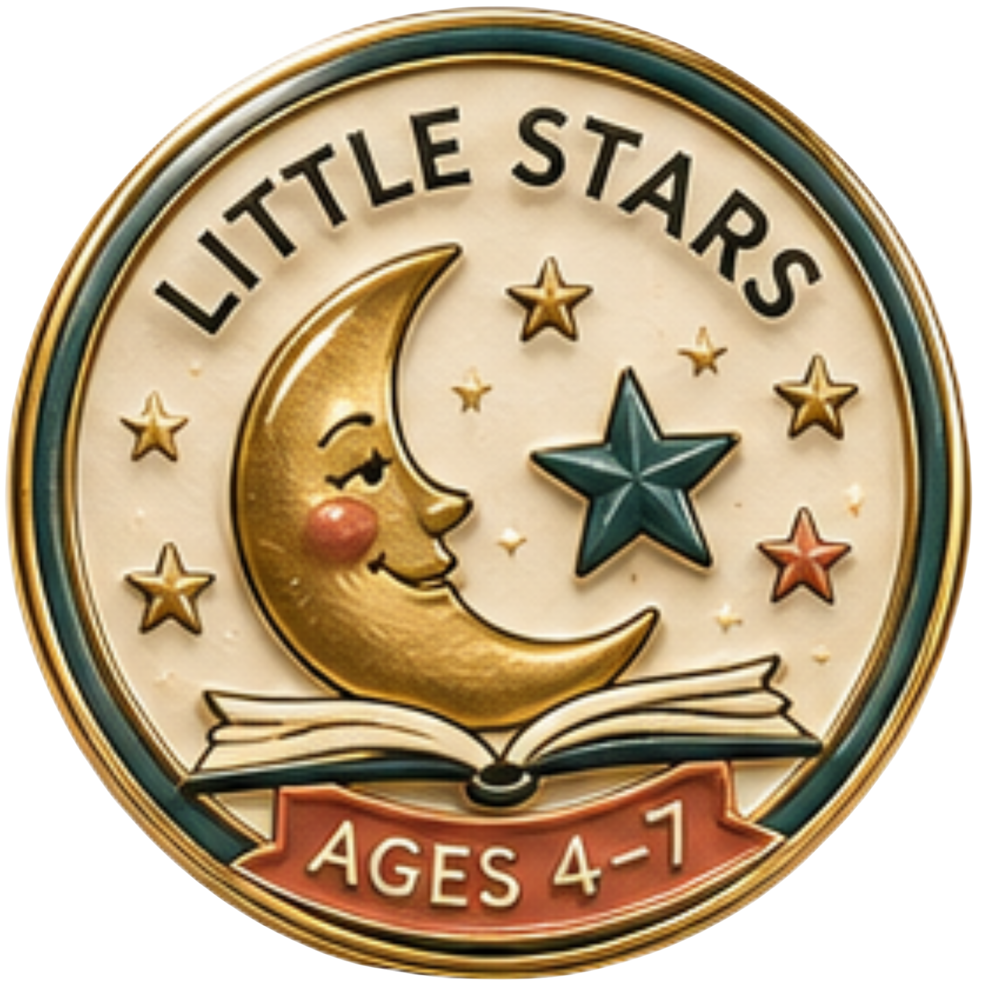Close-up of a decorative clock with the words 'Little Stars' at the top and 'Ages 4-1' at the bottom, featuring a moon with a face and stars.