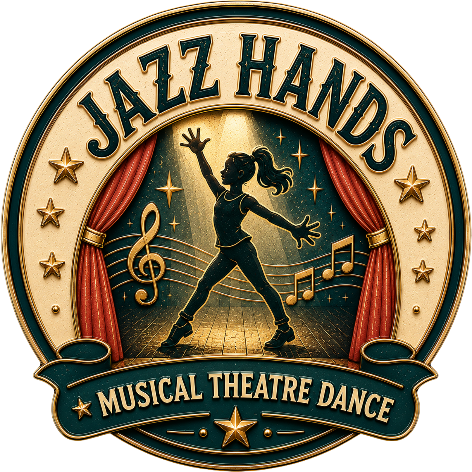 Close-up of a decorative sign for a theatrical and dance performance, featuring gold, black, and red details, with a silhouette of a dancer and musical notes.
