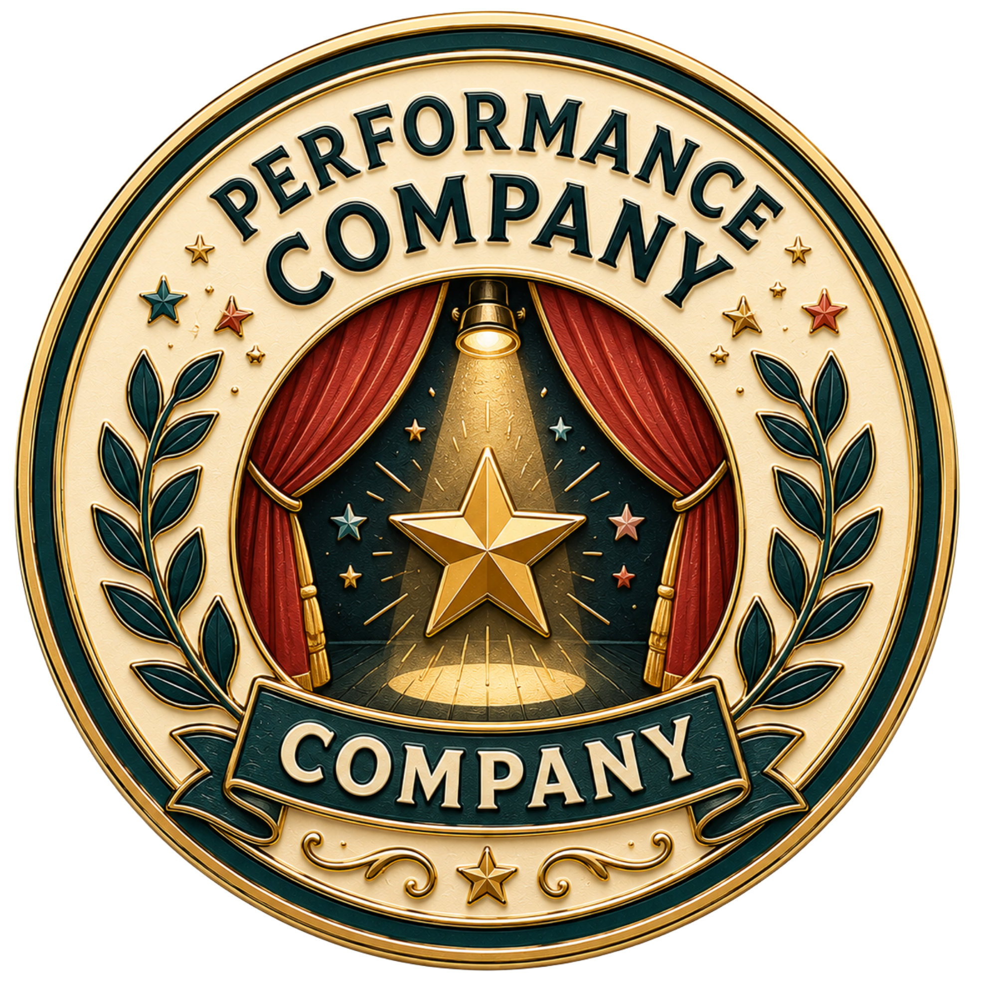 Gold and dark green circular badge with stars, laurel leaves, a spotlight, red curtains, a gold star, and the words 'Performance Company' in bold black letters.