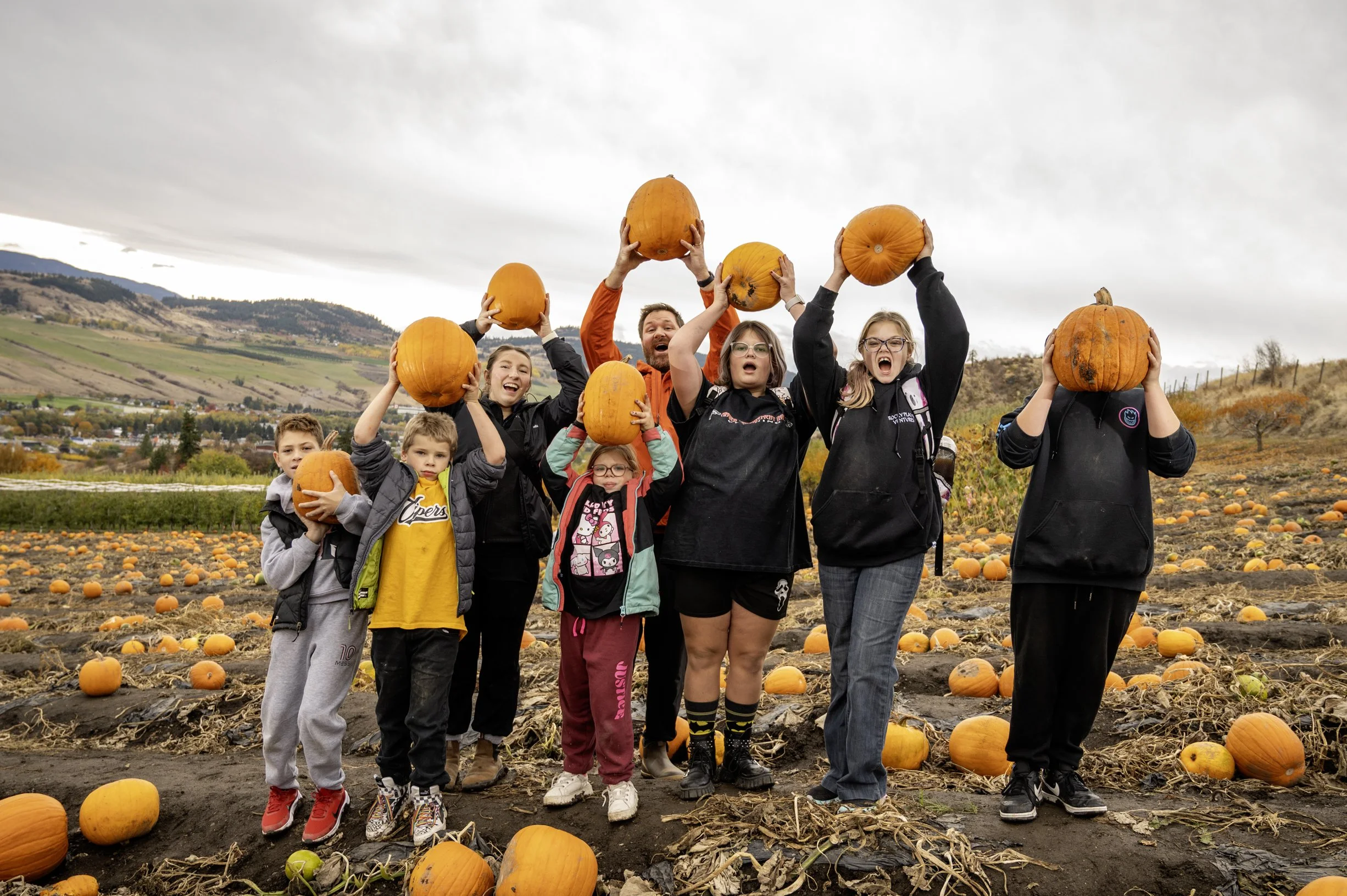 Family fall activity at Davison Orchards in Vernon BC, parents and kids choosing pumpkins at the October U Pick pumpkin patch