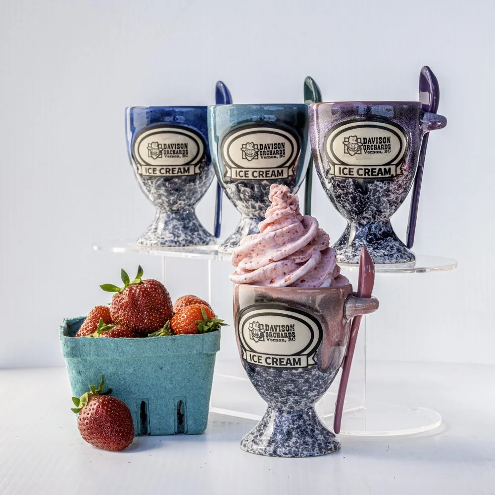 Delicious cup of real fruit ice cream from The Old Brick Press at Davison Orchards in Vernon BC, featuring fresh strawberries mixed with vanilla ice cream