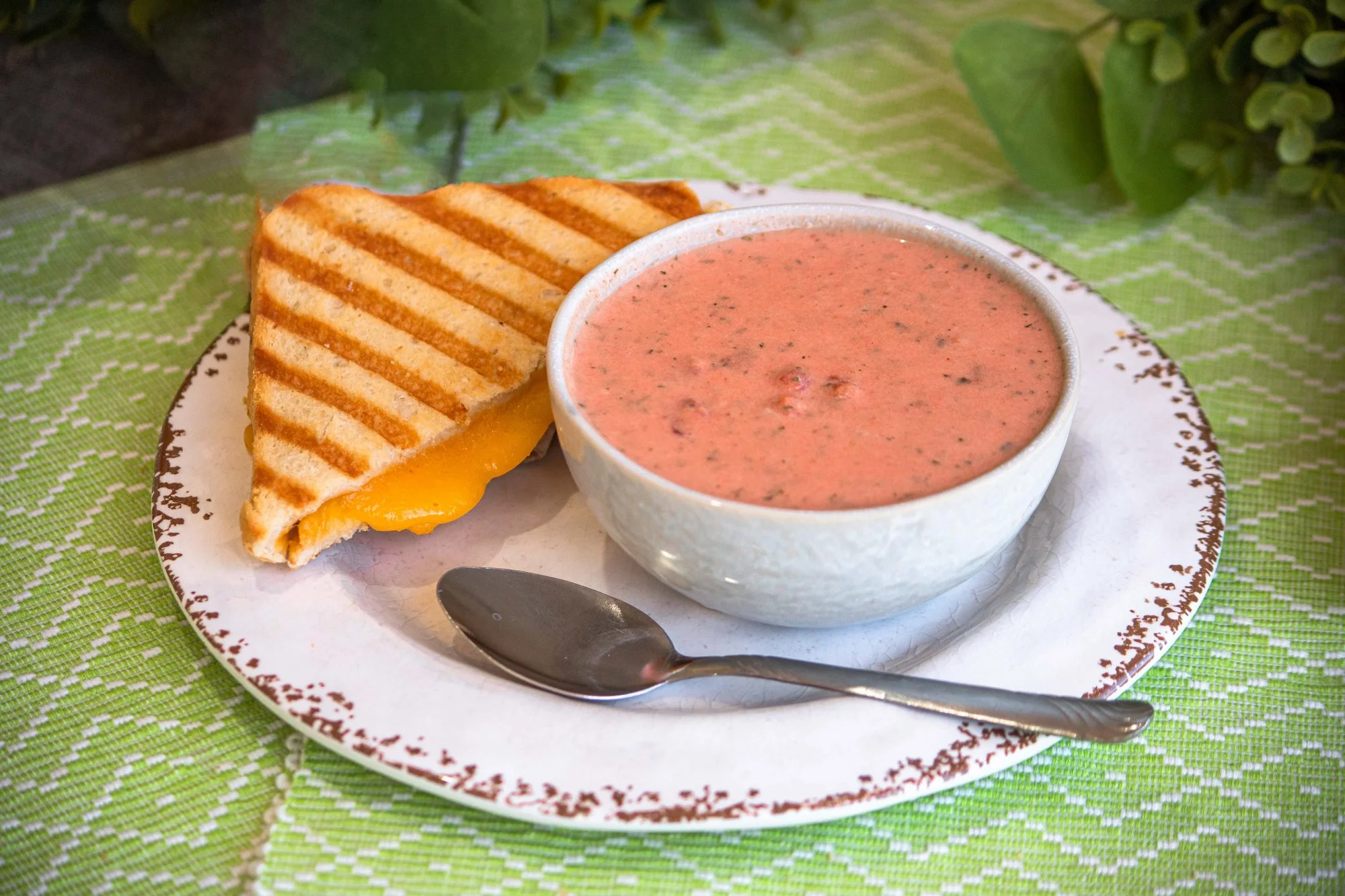omato soup full of fresh herbs served with a double grilled cheese sandwich, Farmhouse feature at Davison Orchards in Vernon BC, Okanagan Valley Canada