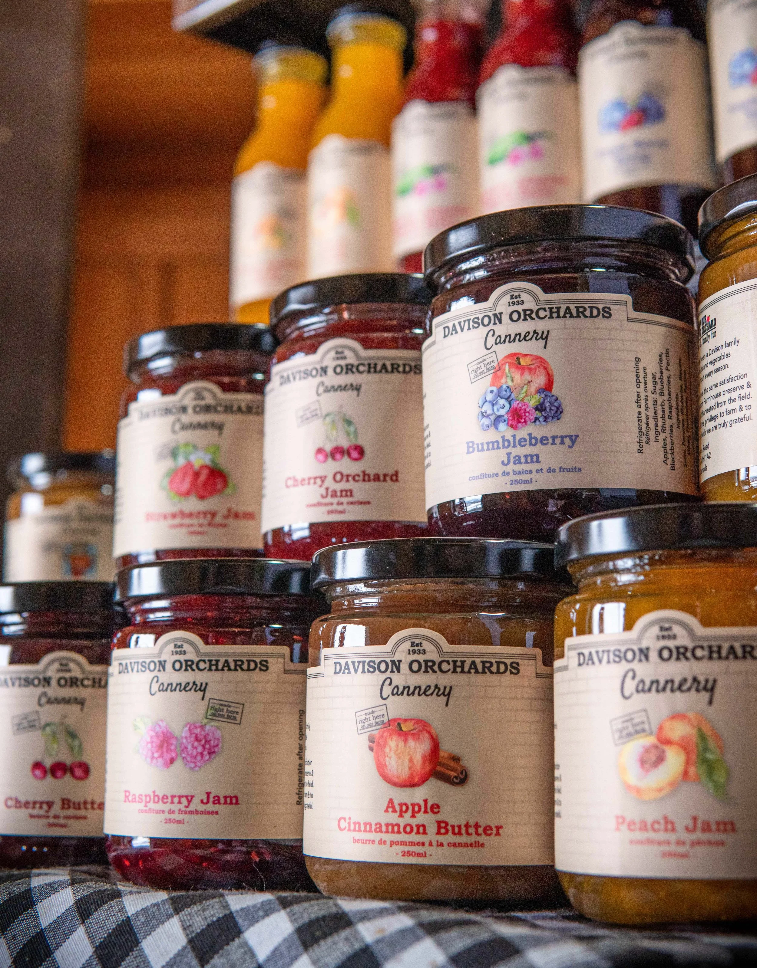 Lineup of special jams and preserves made on-site at Davison Orchards in Vernon BC using farm fresh produce, Okanagan Valley Canada