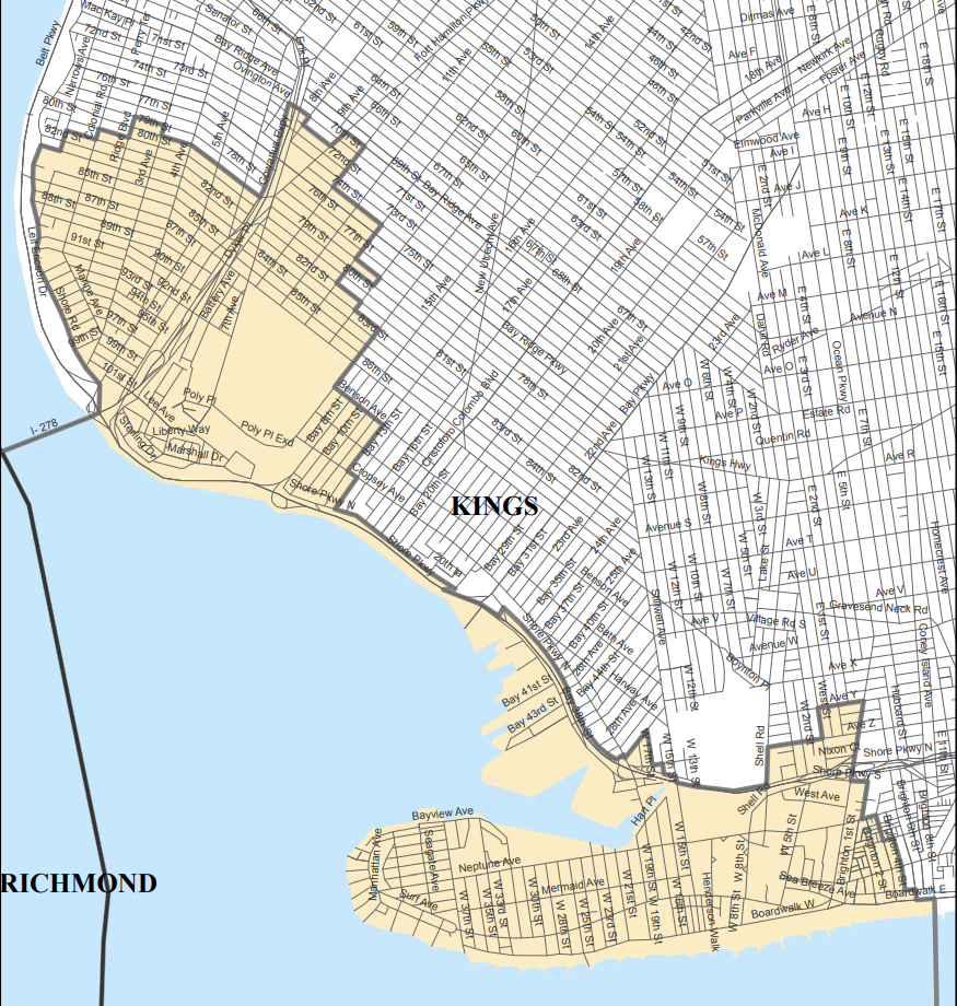 Map of Kings, California, showing streets, avenues, and neighborhoods along the waterfront, with adjacent areas of Richmond visible to the west.