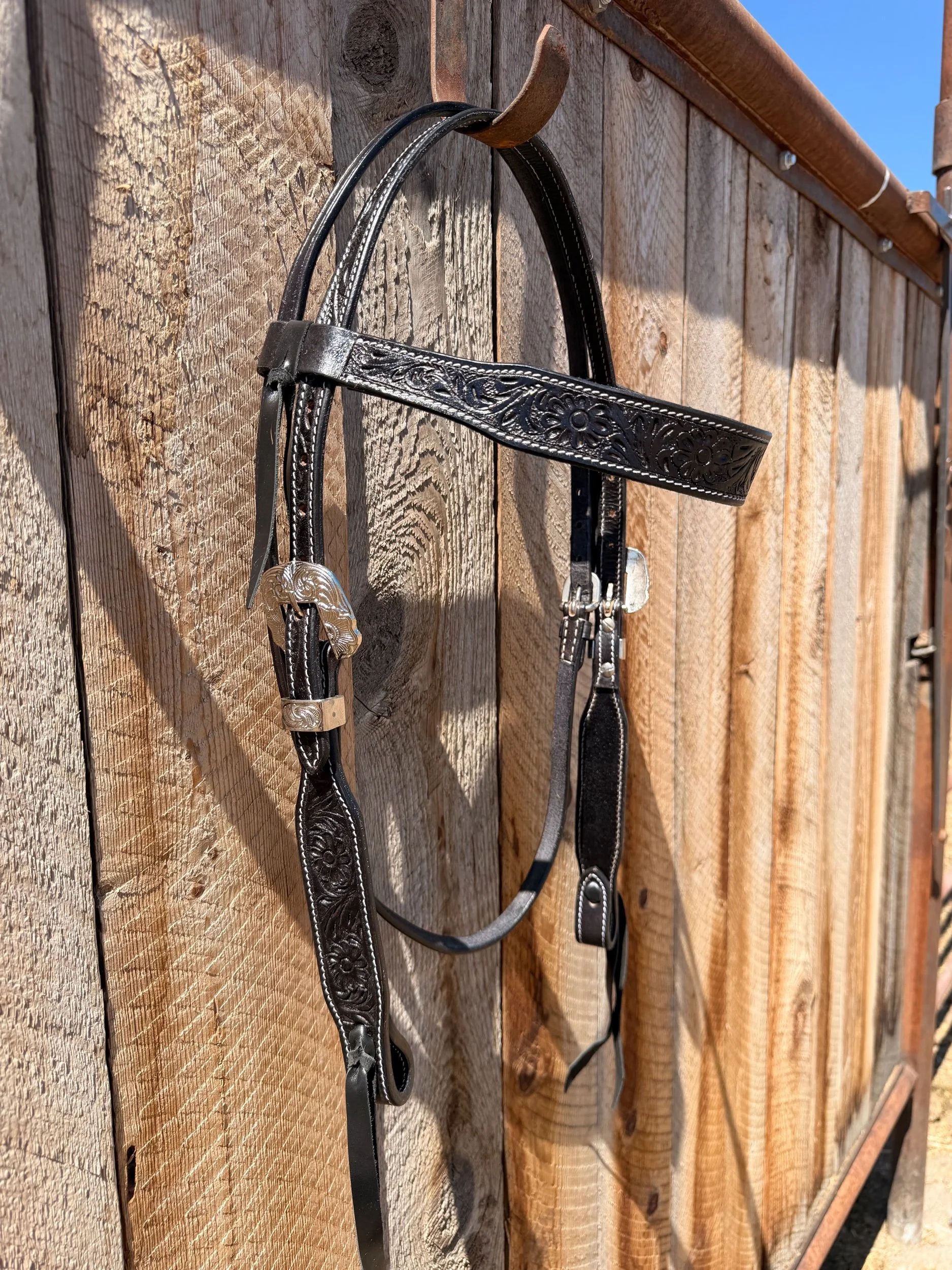 Black Leather Tooled Browband Headstall