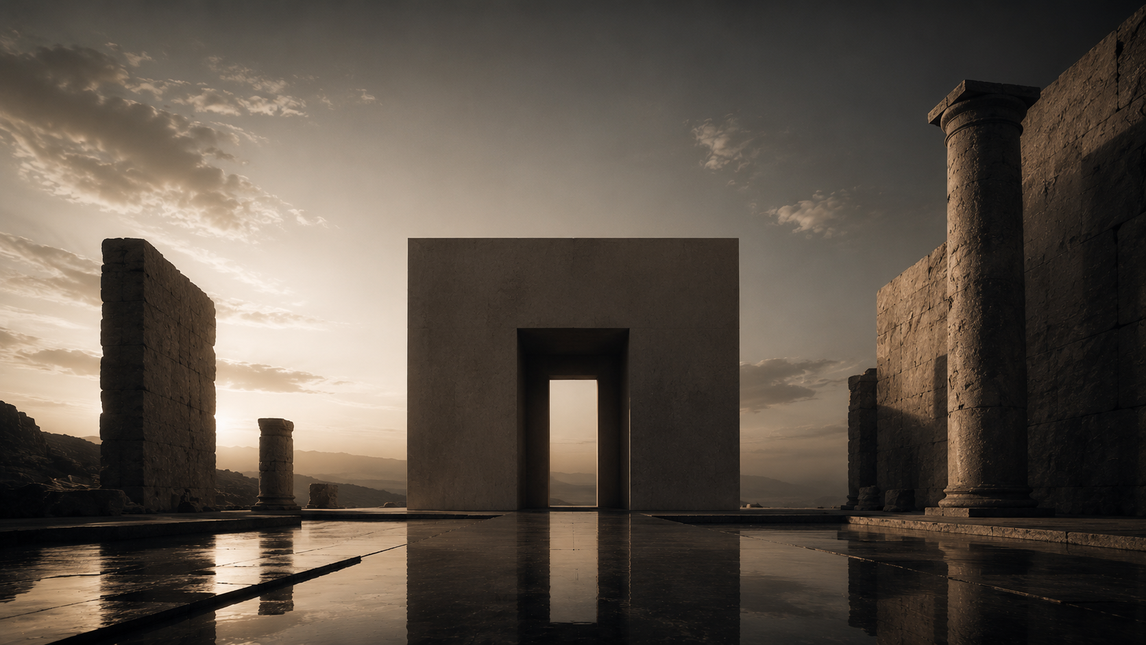 Ancient ruins with stone columns and a large rectangular structure with an arched doorway, set against a cloudy sky at sunset or sunrise.