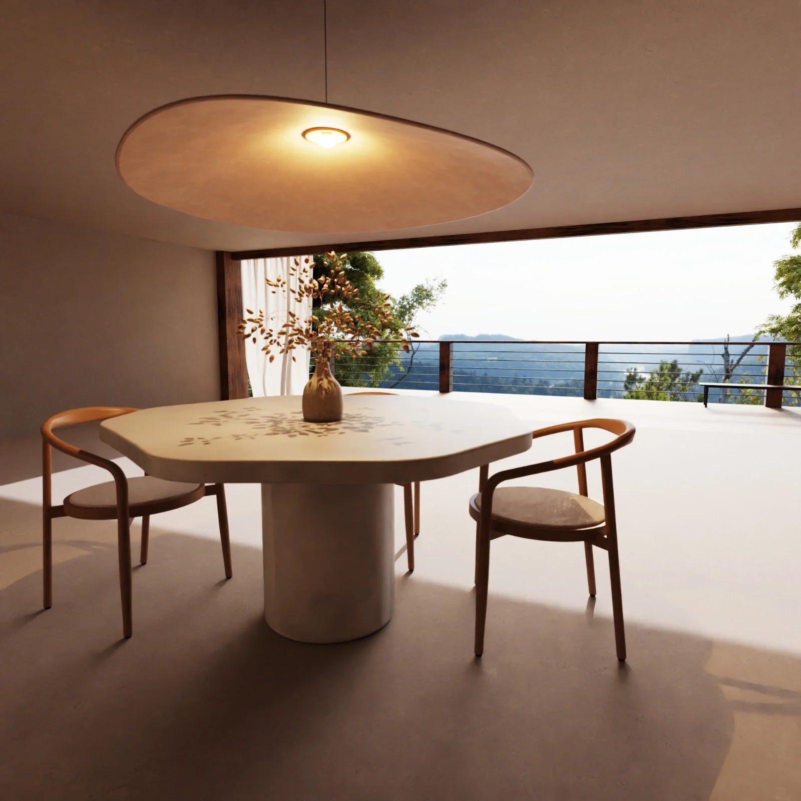 A dining table with a vase of branches in the center, set on a porch or balcony with a view of trees and hills in the distance, during daytime. The ceiling has a circular recessed light fixture.