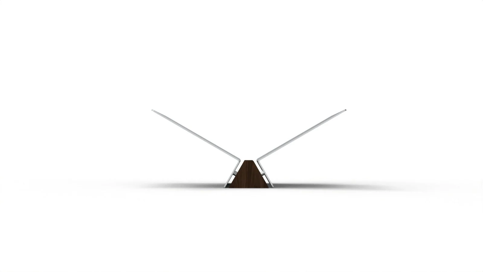 Modern table with a V-shaped wood base and two metal legs extending outward, set against a white background.