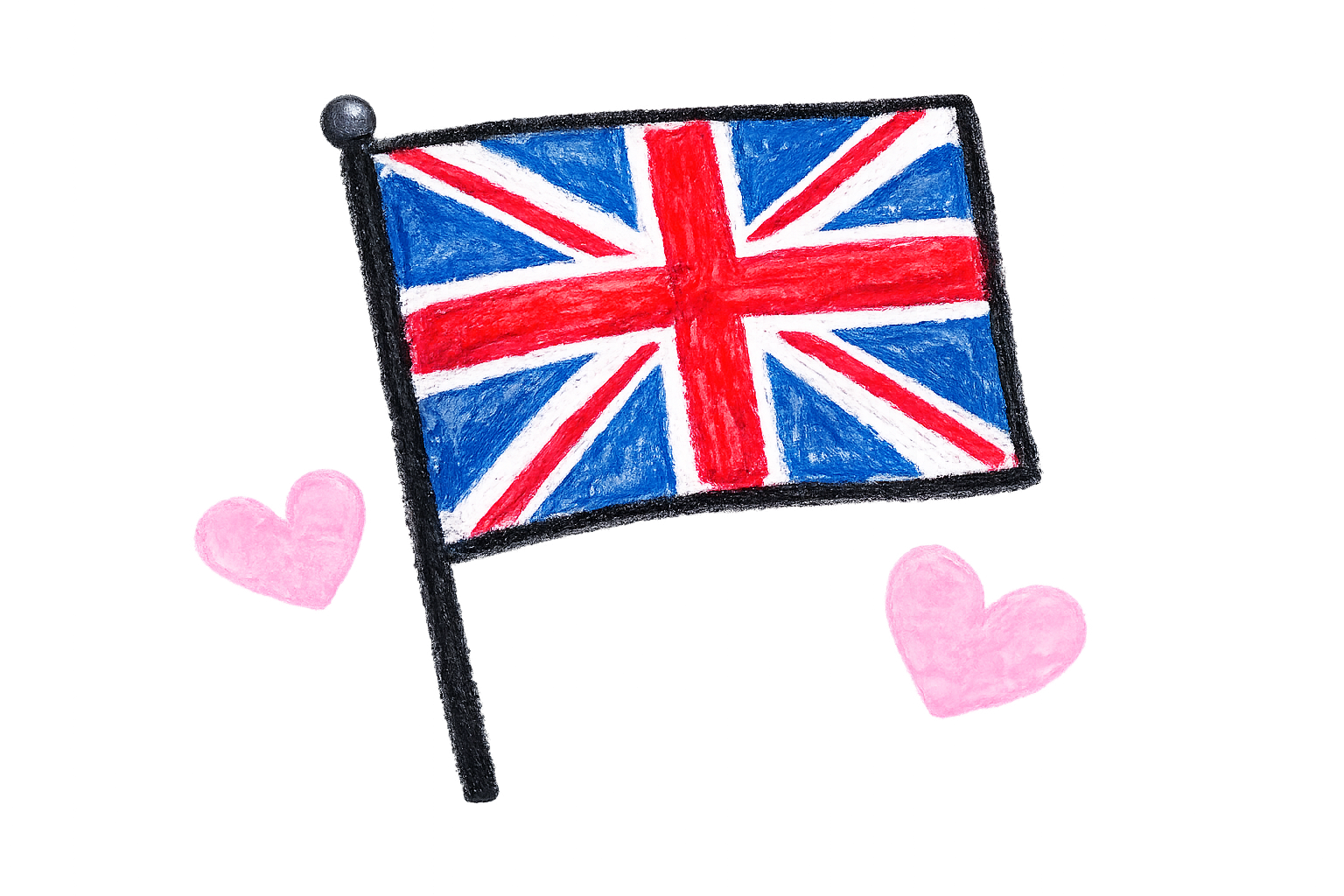 A drawing of the Union Jack flag of the United Kingdom, with two pink hearts beside it.