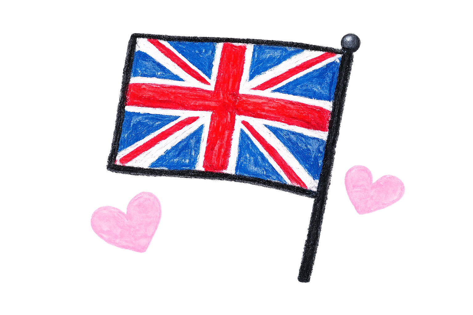 A sketch of a Union Jack flag with a black pole, accompanied by two pink hearts on a black background.