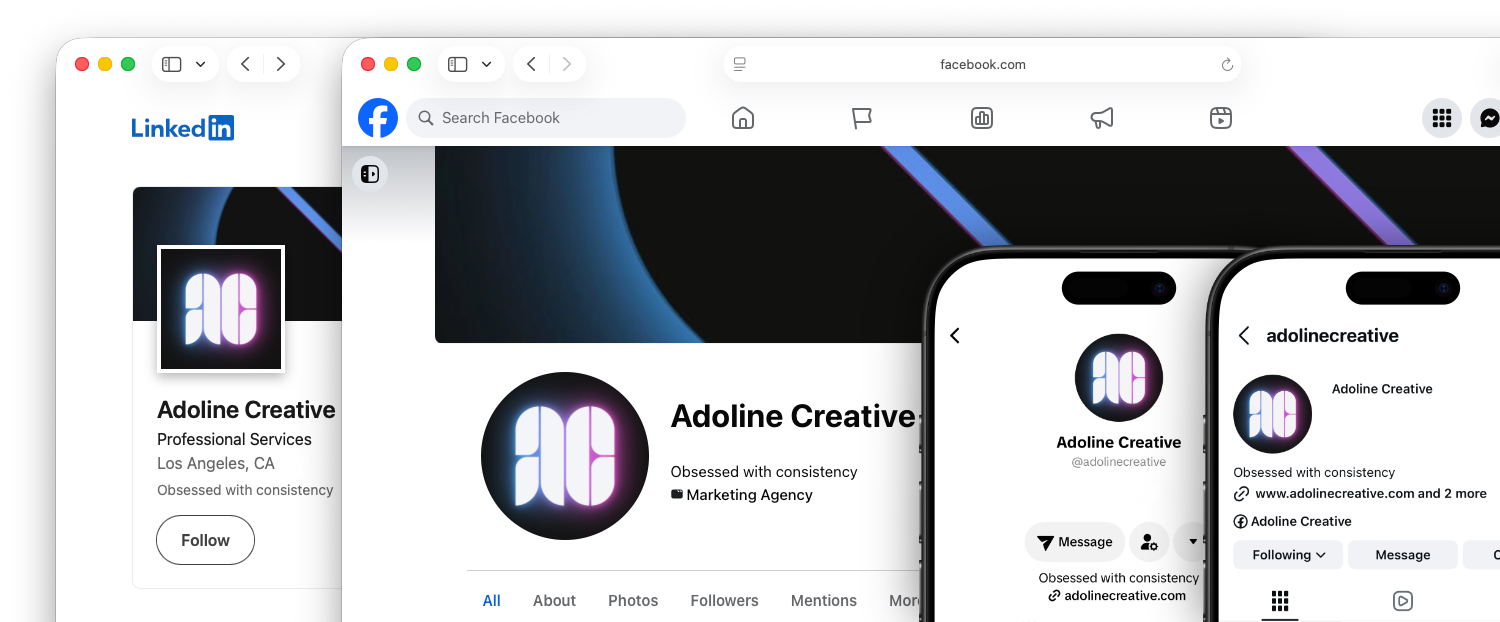 Screenshots of Adoline Creative's social media profiles on LinkedIn, Facebook, and Instagram showing their logo, profile information, and contact options.