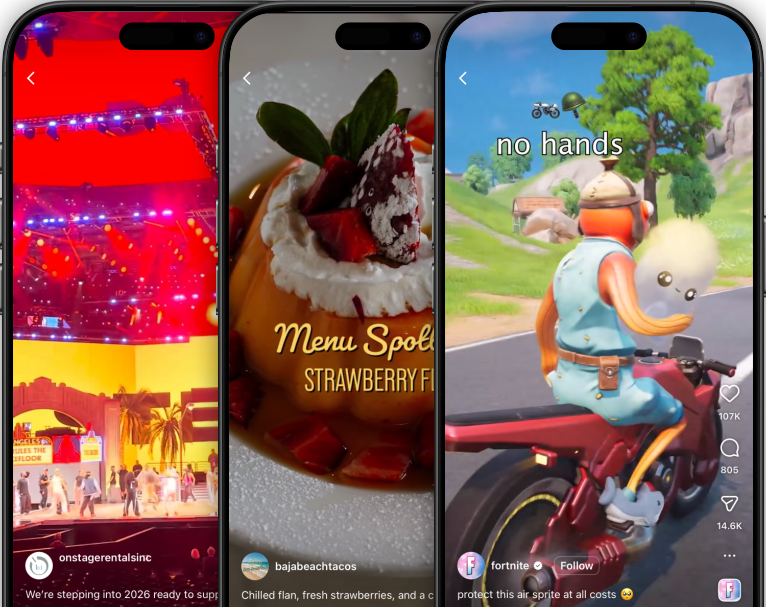 Three smartphone screens showing different digital content: the first with a brightly lit concert stage and crowd, the second with a close-up of a strawberry dessert, and the third with an animated character riding a red motorcycle in a scenic outdoor setting.