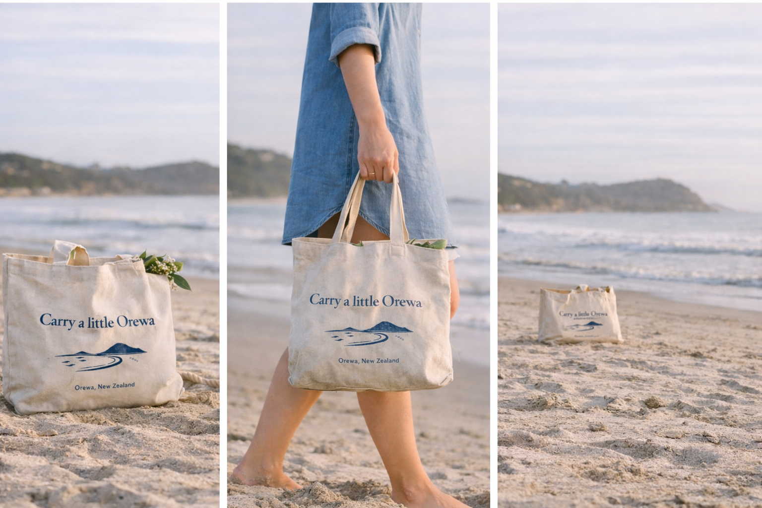 Carry a Little Orewa canvas tote bag photographed on Orewa Beach.