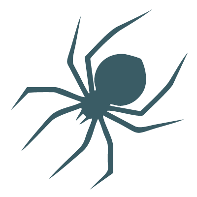 A stylized spider illustration with a rounded body and eight legs on a black background.