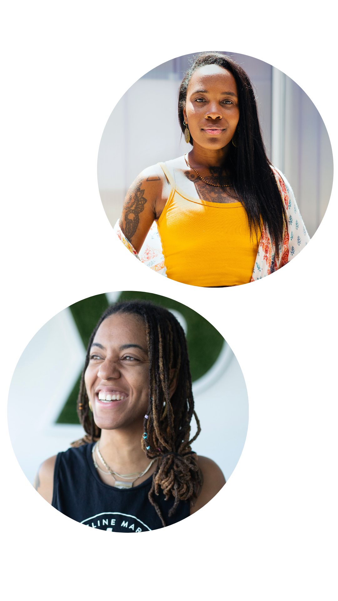 Two women with tattoos, one with long dark hair wearing a yellow tank top and the other with dreadlocks wearing a black sleeveless shirt, smiling in outdoor settings.