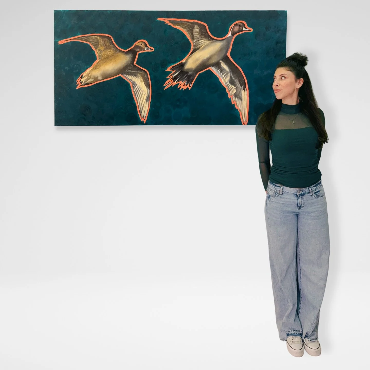 Northern pintails are often called the greyhounds of the sky for their speed, grace, and unmistakable silhouette. This painting captures a pair in full flight, moving with that effortless sense of motion that makes pintails so captivating to watch. T