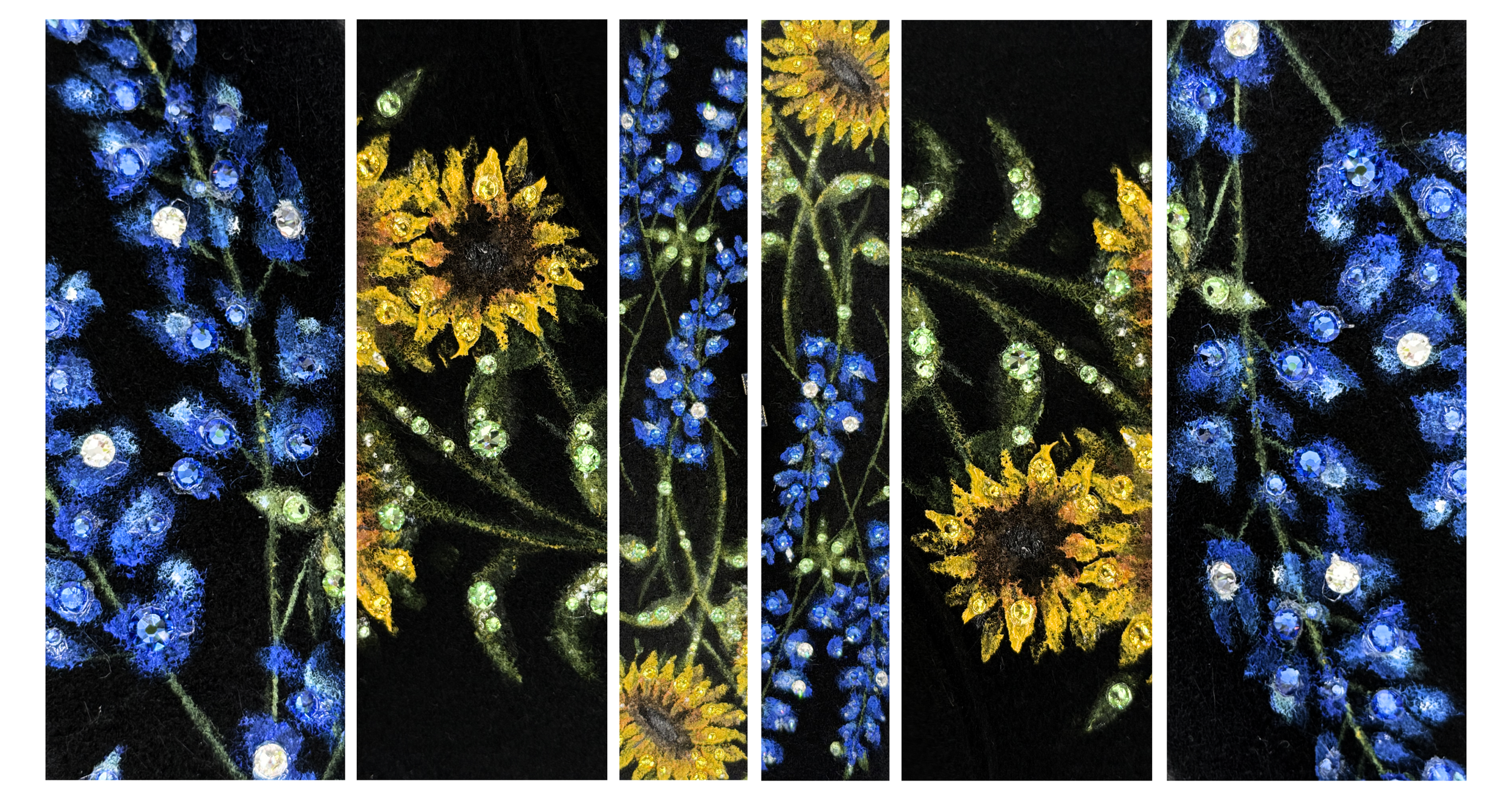 Multiple vertical panels featuring digital artwork of blue and yellow flowers with green accents against a black background, decorated with sparkling, jewel-like effects.
