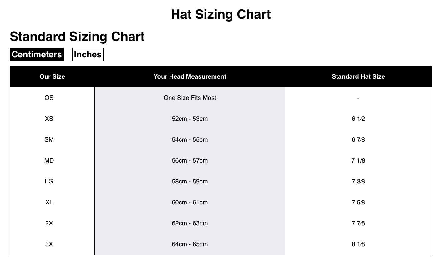 A hat sizing chart with measurement conversions between centimeters and inches, showing standard hat sizes from OS to 3X and corresponding head measurements.