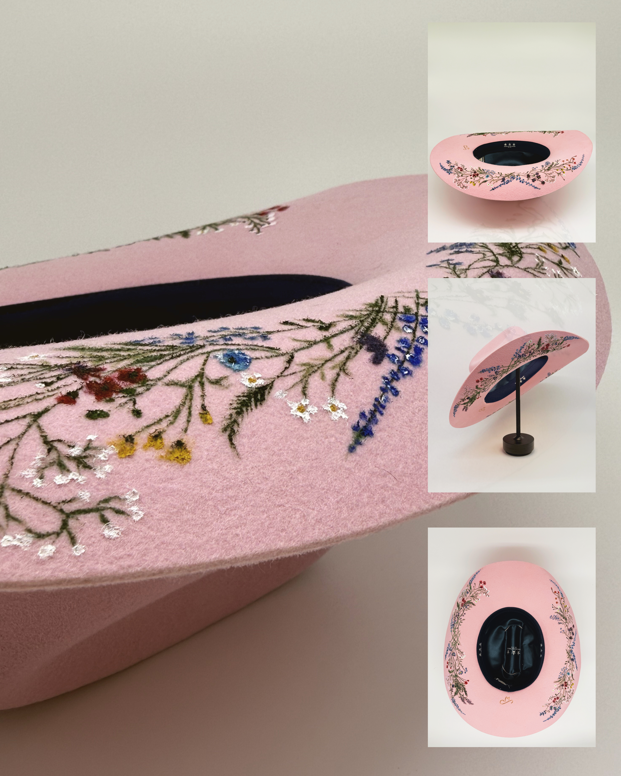 Decorative pink hat with embroidered floral design, shown from side, top, and bottom views.