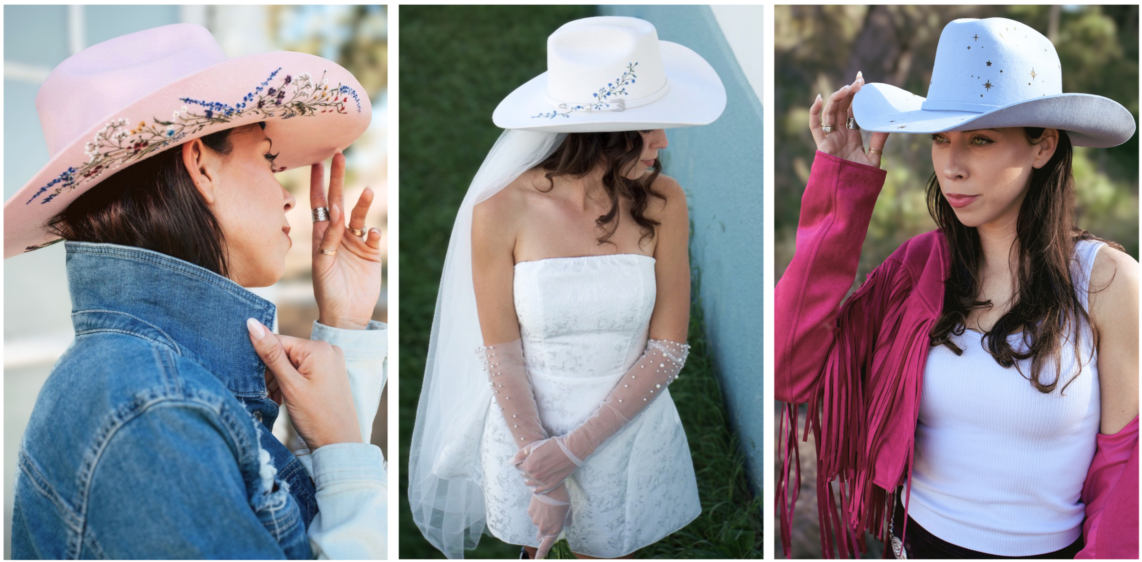 Three women wearing different styles of wide-brimmed hats with floral and celestial designs. The first woman, in a denim jacket, has a pastel pink hat with colorful floral . The second woman, in a white dress with veil and sheer gloves, wears a white hat with blue floral embroidery. The third woman, in a white tank top and a magenta fringed jacket, has a light blue hat decorated with gold stars and celestial symbols.