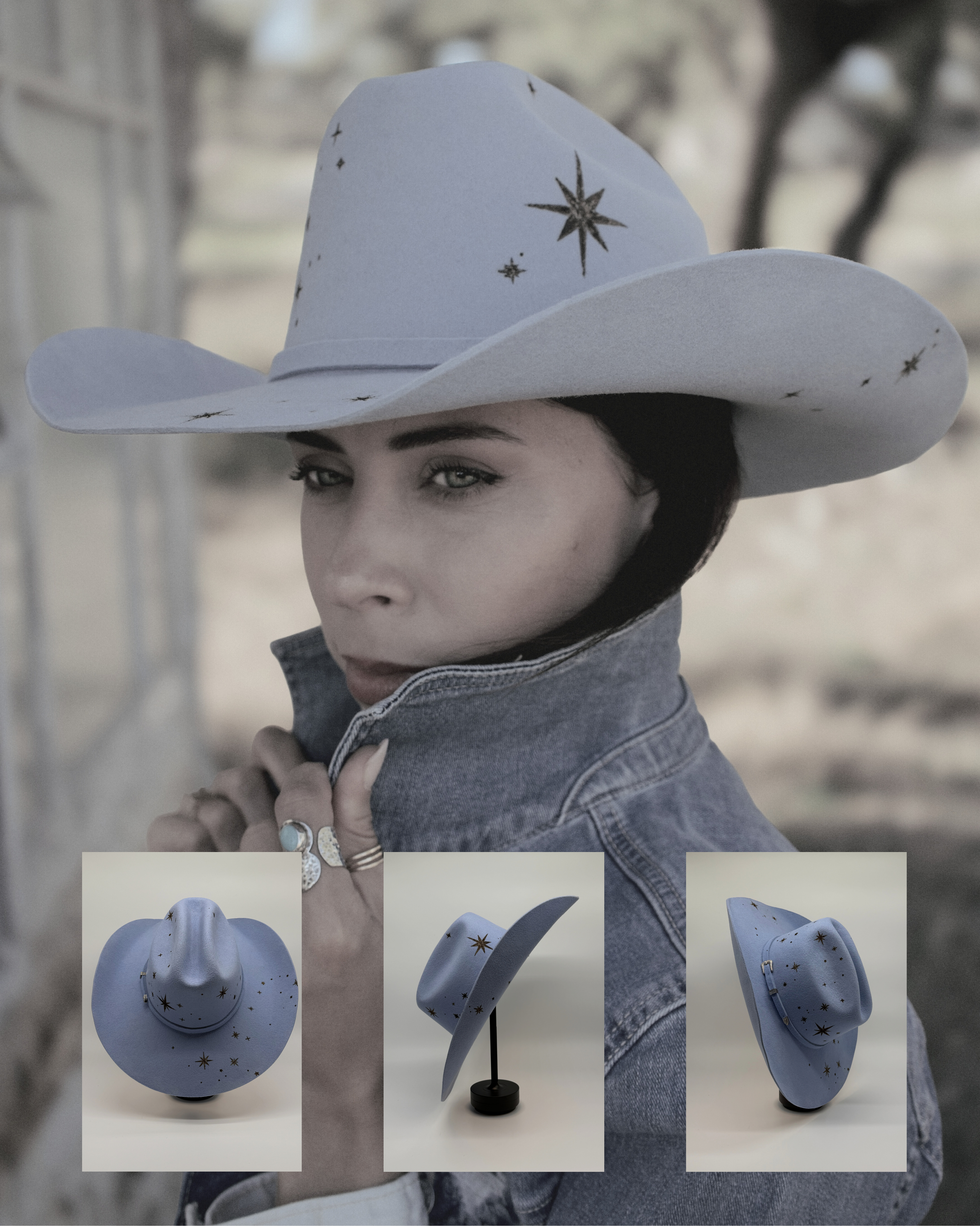 A woman wearing a light-colored cowboy hat decorated with star patterns, holding the collar of her denim jacket, with a blurred outdoor background.