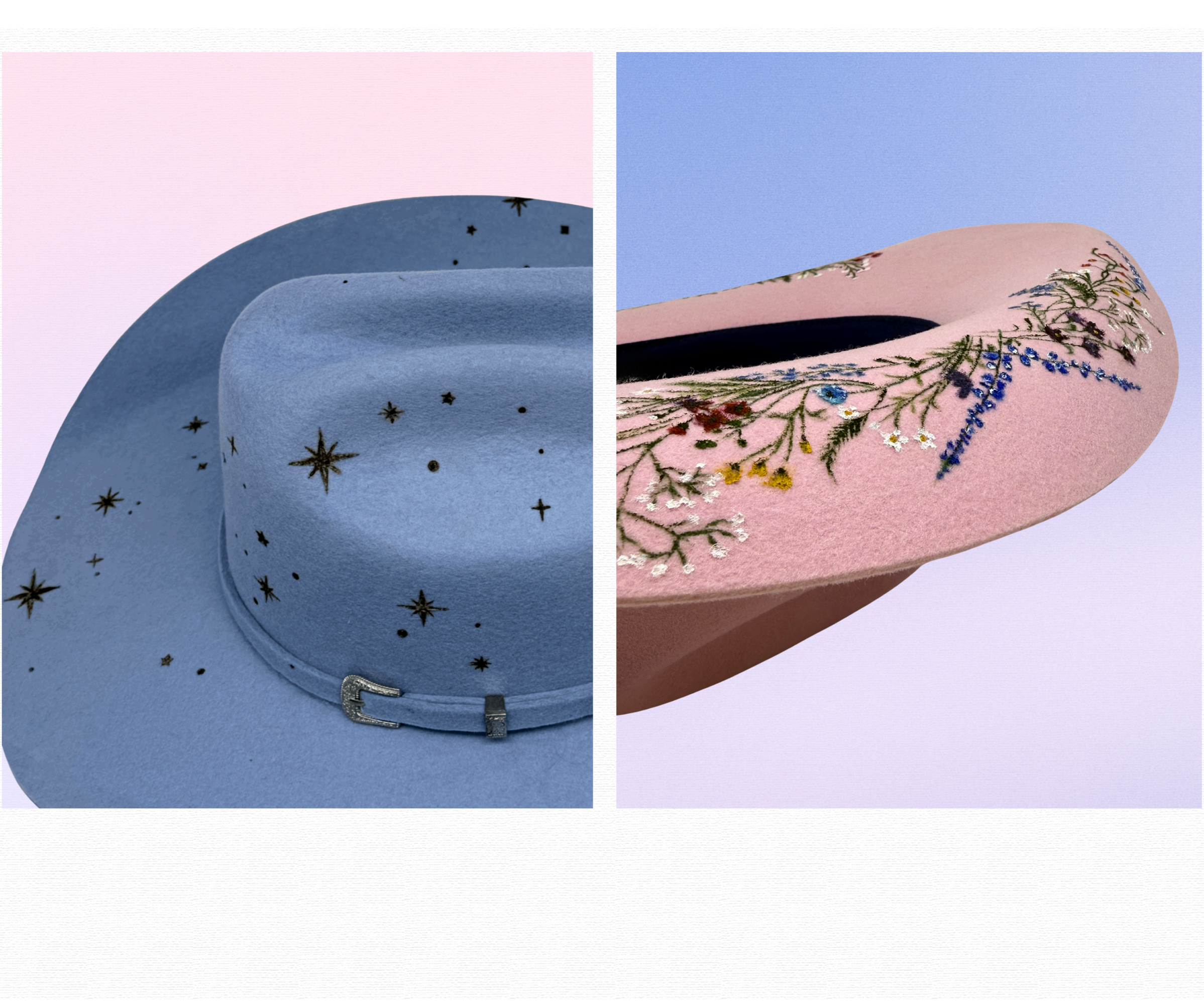 Two decorative hats, one pink with floral painted artwork, one blue with star and celestial designs burned into hat, placed on a light background.