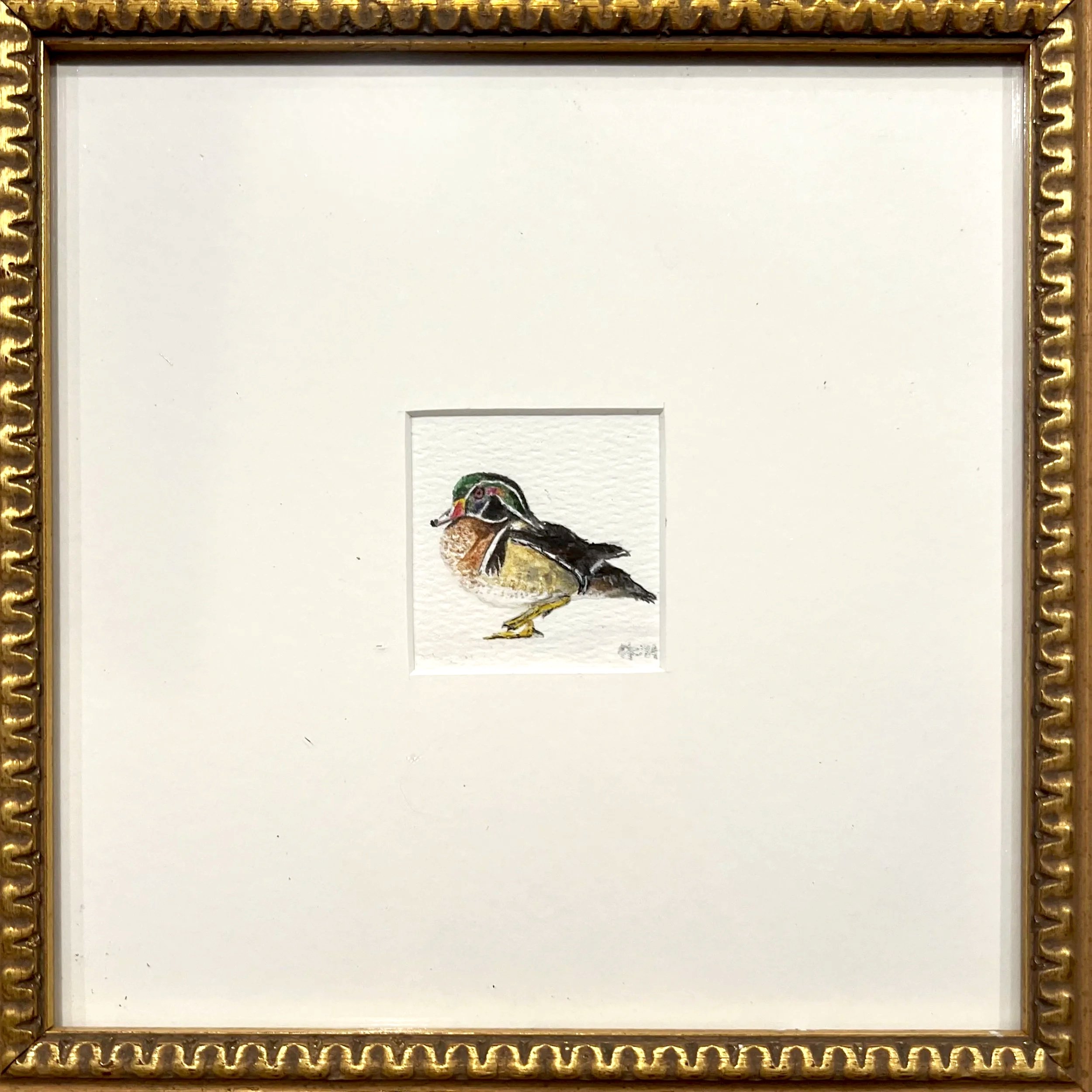 A framed watercolor painting of a duckling with green and brown feathers.