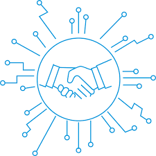 Illustration of two hands shaking in the center, surrounded by connected circuit lines, symbolizing technology and partnership.