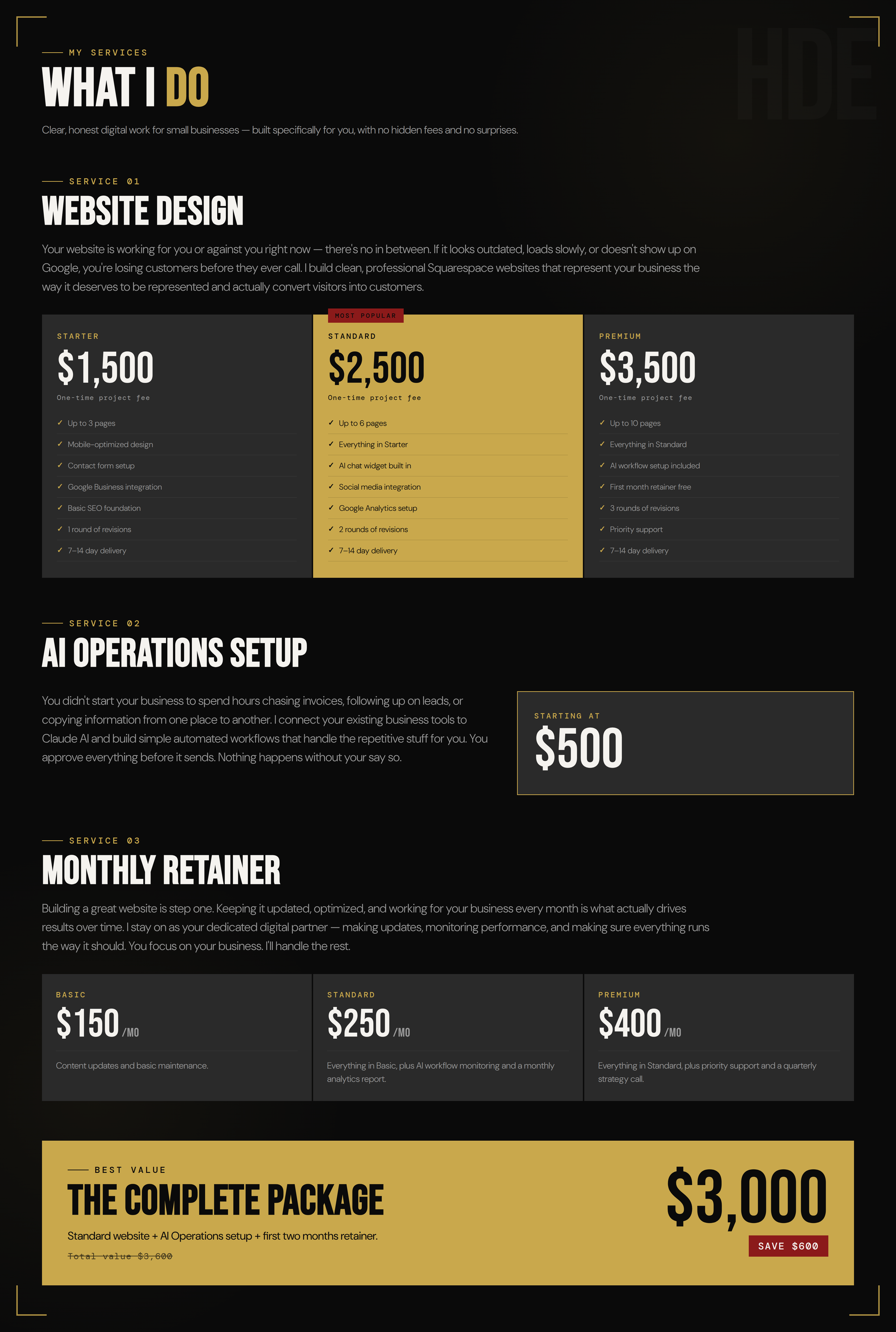 A digital marketing service pricing webpage with black and gold color scheme, detailing website design, AI operations setup, monthly retainer plans, and a complete package with prices and features.