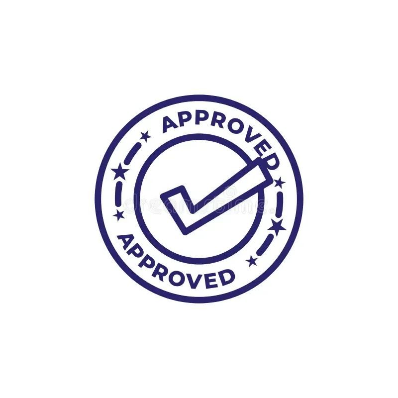 Circle stamp with a checkmark inside and the words 'Approved' around the border.