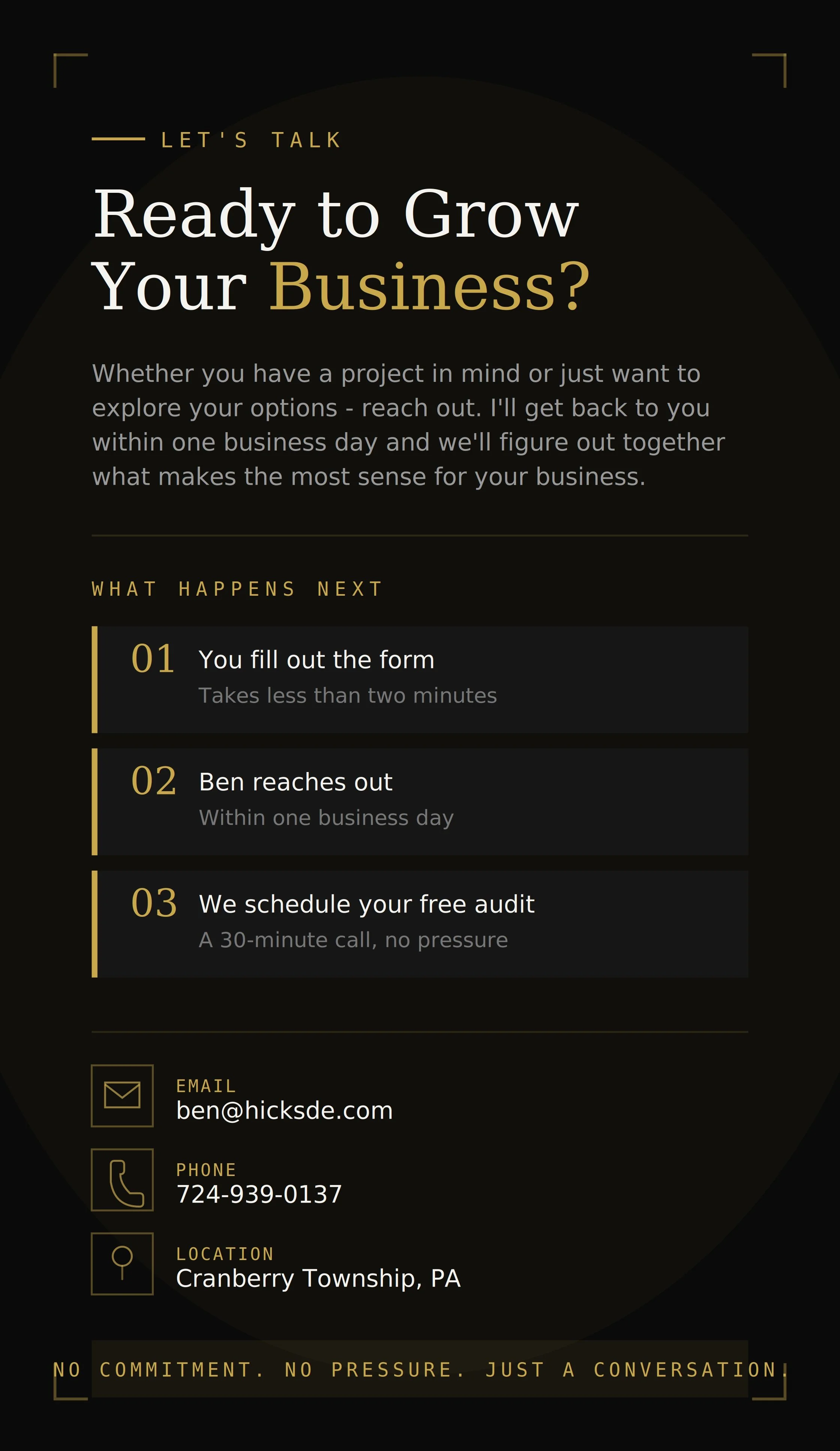 A dark-colored advertisement with gold and white text promoting business growth and contact information, including an email, phone number, and location in Cranberry Township, PA.