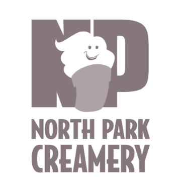 Logo for North Park Creamery featuring a smiling ice cream cone character with a cherry on top, and the words 'North Park Creamery' below.
