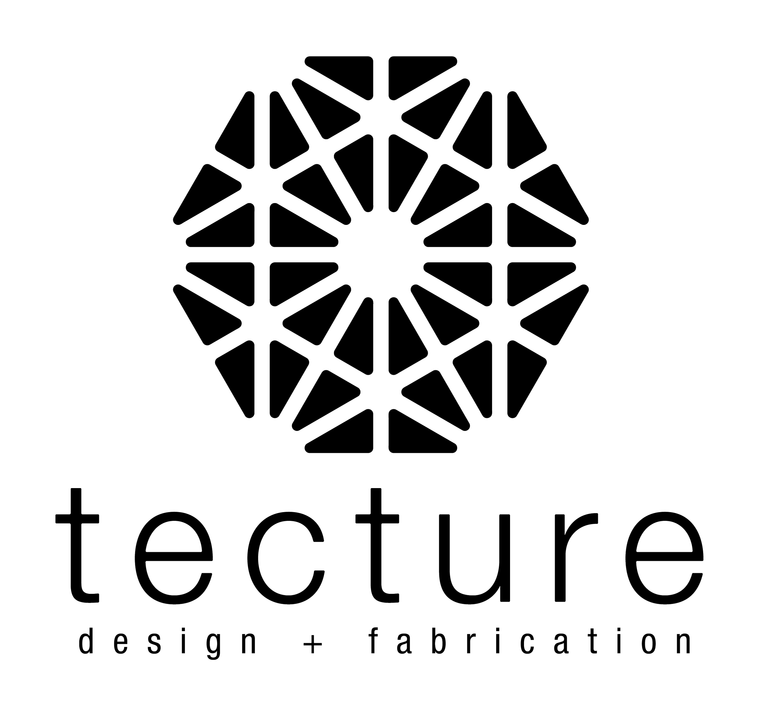 Logo with a circular geometric pattern above the words 'tecture' and 'design + fabrication'.