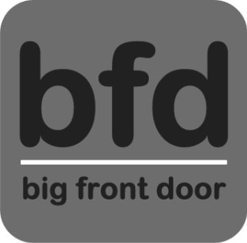 Logo with the letters 'bfd' and the phrase 'big front door' underneath.