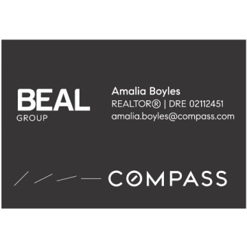 Business card for Amalia Boyles with BEAL Group and Compass logos, contact info included.