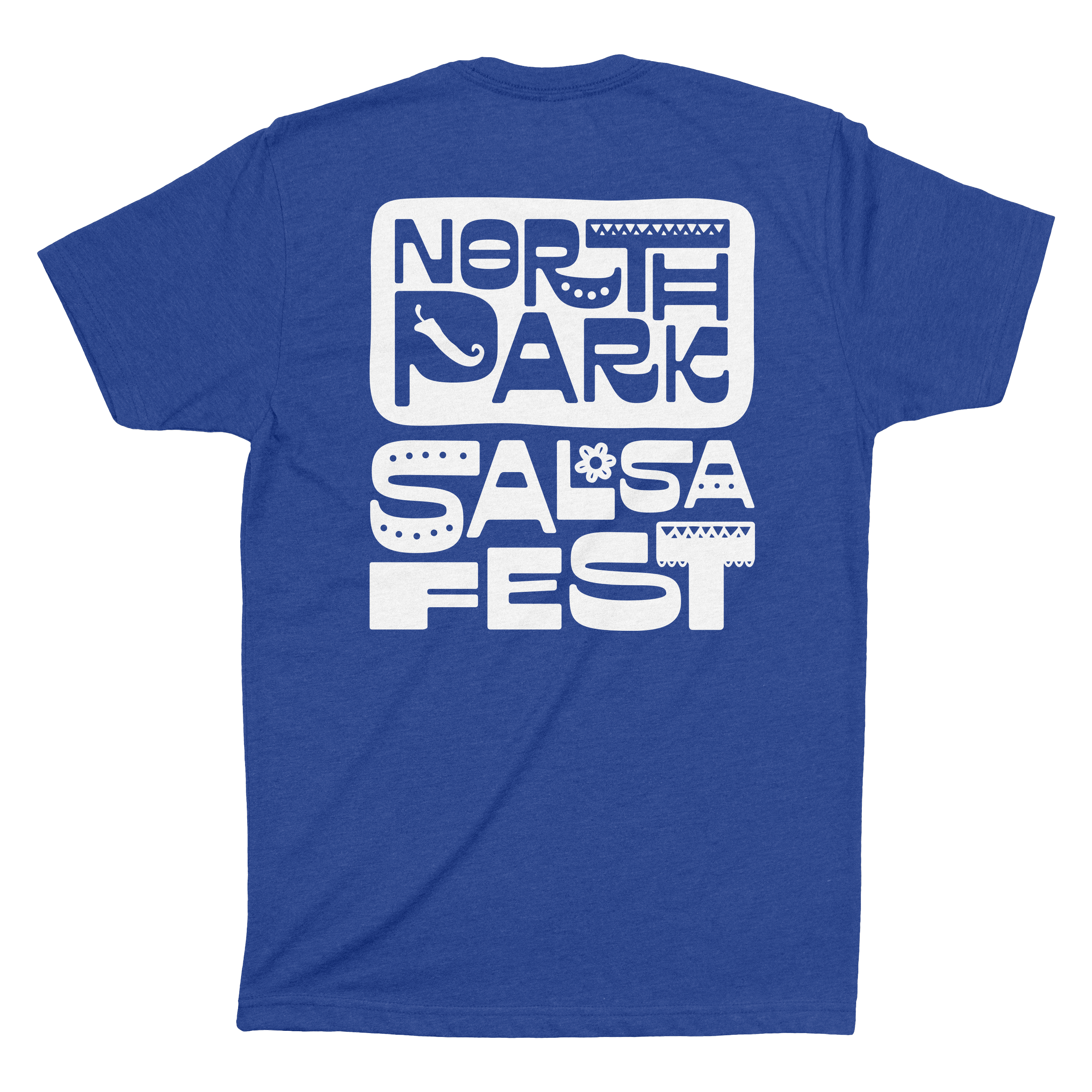 Blue T-shirt with white text and decorative elements reading 'North Park Salsa Fest'.