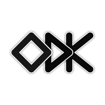 Neon sign spelling out the word "DOK" with geometric shapes and arrows on a black background.