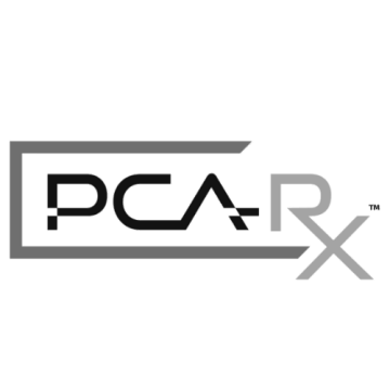 Logo for PCARx with black and gray text and design elements.