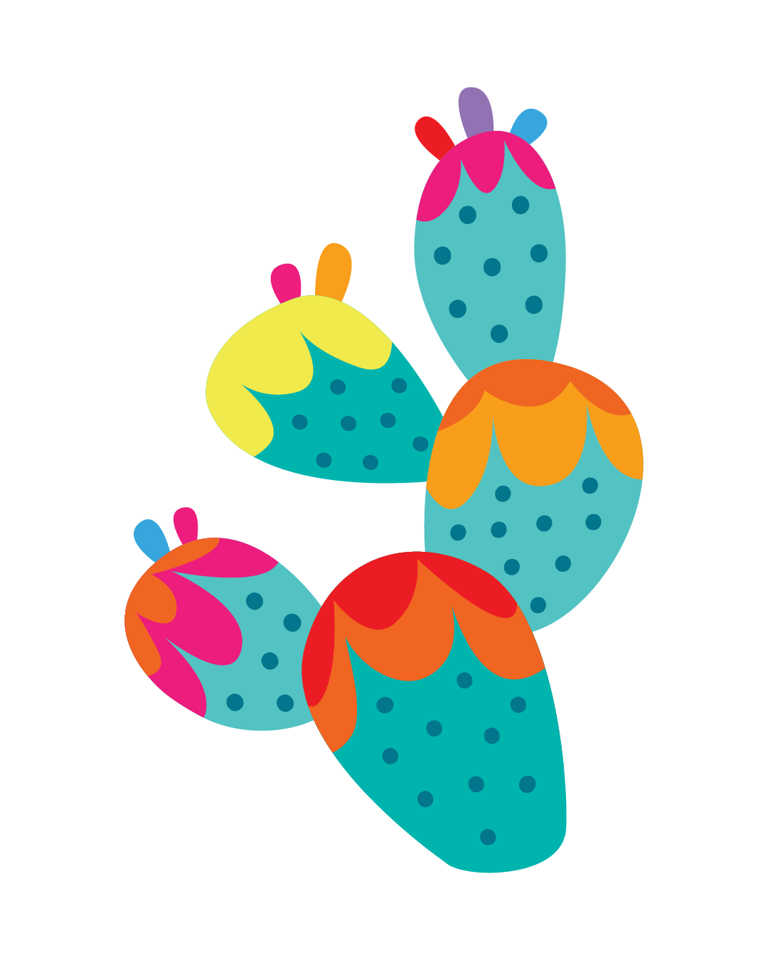Colorful cartoon cactus with multiple pads, decorated with various bright colors and patterns.