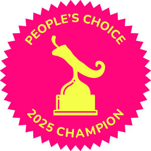 Pink circular badge with spiked edges, featuring a chili pepper on a pedestal. Text reads 'People's Choice 2025 Champion' in yellow.