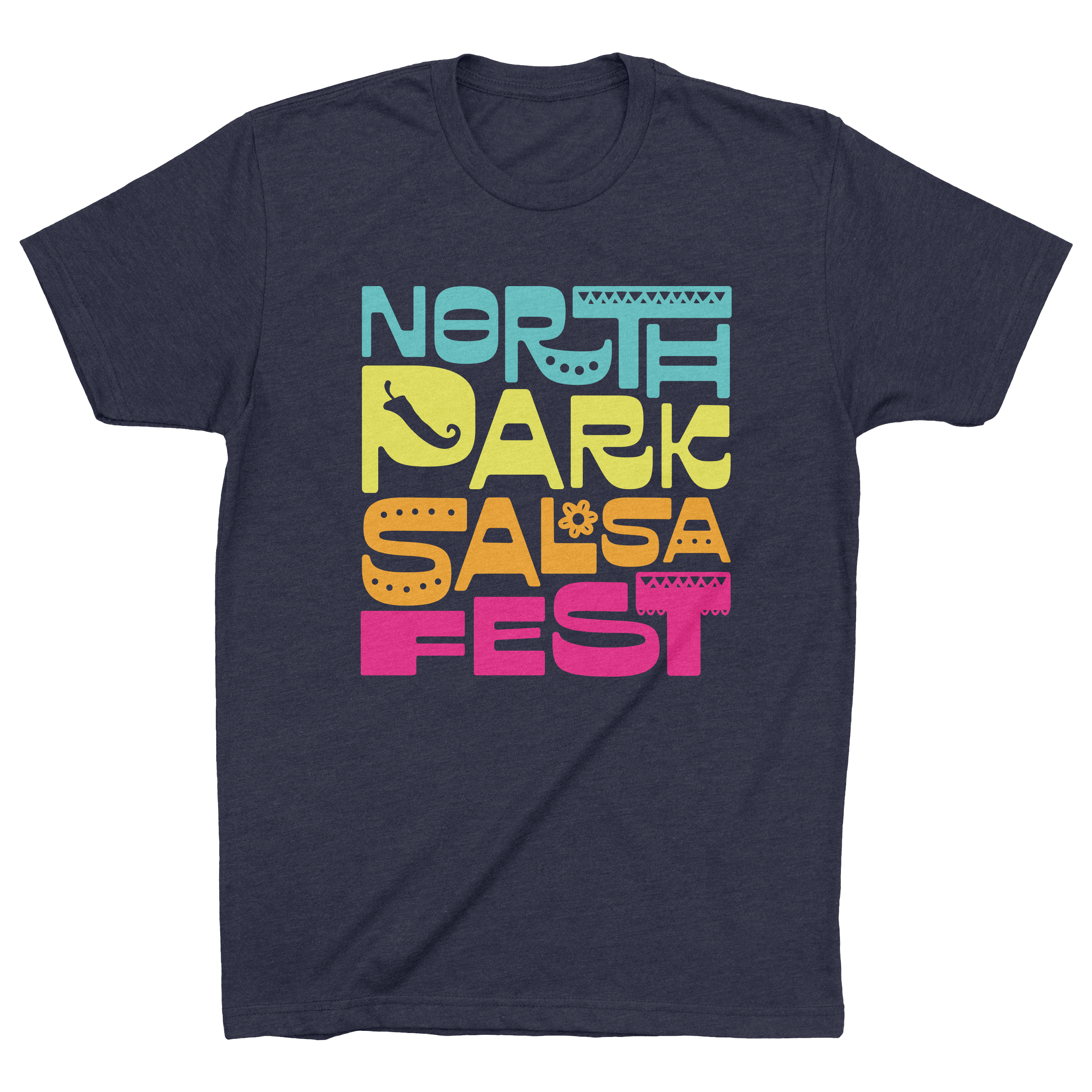A navy blue t-shirt with colorful, stylized text that reads 'North Park Salsa Fest' in blue, yellow, orange, and pink, with small decorative elements.