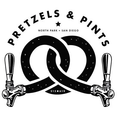 Logo for Pretzels & Pints featuring two intertwined pretzels with beer taps on each end and text indicating North Park, San Diego.